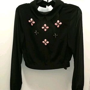 Embellished Black open back crop top Blouse